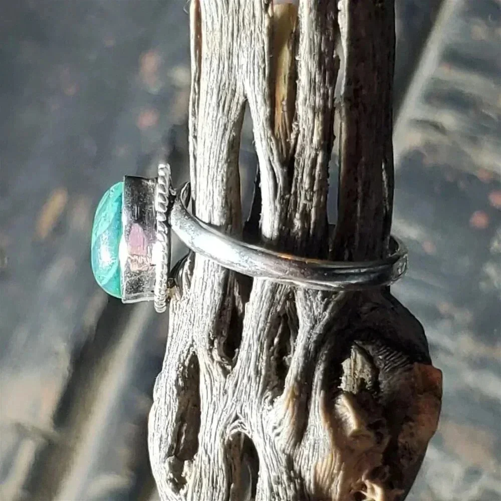Artisan India Green Malachite 925 Sterling Silver Plated Gemstone Ring Size 6.5